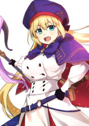  1girl alternate_breast_size artoria_caster_(fate) artoria_caster_(second_ascension)_(fate) artoria_pendragon_(fate) breasts commentary_request fate/grand_order fate_(series) gloves green_eyes hair_between_eyes hat holding holding_staff large_breasts long_hair long_sleeves looking_at_viewer nanase_meruchi open_mouth sheath sheathed simple_background smile solo staff standing sword teeth tongue upper_body weapon white_background  rating:Sensitive score:5 user:danbooru