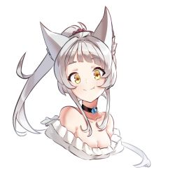  1girl alternate_costume alternate_hairstyle animal_ears blunt_bangs breasts cat_ears cleavage coolisushi highres jewelry necklace nia_(xenoblade) ponytail silver_hair simple_background small_breasts solo white_background xenoblade_chronicles_(series) xenoblade_chronicles_2 yellow_eyes 
