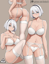  1girl 2b_(nier:automata) ass bare_arms bare_shoulders blue_eyes bra breasts brown_background cameltoe cleavage cleft_of_venus closed_mouth collarbone cowboy_shot donburi_(donburikazoku) from_behind garter_belt garter_straps grey_background highres large_breasts lingerie multiple_views nier:automata nier_(series) panties short_hair simple_background sitting skindentation solo standing thighhighs thighs underwear underwear_only white_bra white_hair white_panties white_thighhighs yorha_no.2_type_b 
