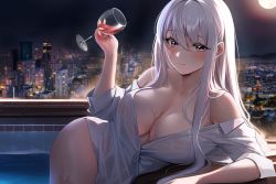 1girl bare_shoulders blush breasts cityscape closed_mouth cup dress_shirt drinking_glass glint grey_eyes hair_between_eyes highres holding holding_cup large_breasts long_hair looking_at_viewer naked_shirt night night_sky off_shoulder original partially_unbuttoned pool reclining shirt sidelocks sky sleeves_rolled_up solo tacco_(tikeworld) thighs water wet wet_clothes wet_shirt white_hair white_shirt wine_glass rating:Questionable score:26 user:danbooru