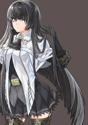 1girl absurdres arknights ascot black_ascot black_eyes black_gloves black_hair black_skirt black_thighhighs bright_pupils commentary_request cowboy_shot gloves grey_background highres jo_p long_hair looking_at_viewer miniskirt pleated_skirt shirt simple_background skirt solo standing thighhighs very_long_hair virtuosa_(arknights) white_shirt 