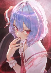  1girl absurdres ascot blue_hair frills hair_between_eyes hair_ribbon highres licking licking_finger looking_at_viewer nepperoni no_headwear red_ascot red_eyes red_nails red_ribbon remilia_scarlet ribbon short_hair short_sleeves simple_background touhou upper_body wrist_cuffs 