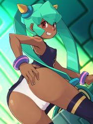1girl aqua_hair ass ass_focus bent_over bracelet cameltoe commission dark-skinned_female dark_skin dress female_focus from_behind grin hand_on_own_ass highres jewelry looking_at_viewer looking_back mega_man_(series) mega_man_legends_(series) mega_man_legends_2 no_bra panties red_eyes short_dress sidelocks sleeveless sleeveless_dress smile solo stupa13a thighhighs thighs twintails underwear white_panties yuna_(mega_man) rating:Questionable score:60 user:ponekad