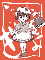  1other androgynous apron blush_stickers dated frilled_apron frills full_body greyscale_with_colored_background hakama hakama_short_skirt hakama_skirt hammer hand_on_own_cheek hand_on_own_face helmet highres holding holding_hammer japanese_clothes katano_sukune katano_sukune&#039;s_bottle_opener kimono len&#039;en looking_at_object open_mouth other_focus red_background red_theme short_hair signature skirt slippers smile solo sun waist_apron yukkyon_kyon 