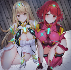 2girls black_gloves blonde_hair blush breasts cleavage cleavage_cutout clothing_cutout dress dual_persona earrings elbow_gloves female_focus fingerless_gloves gloves hair_ornament highres huge_breasts jewelry large_breasts long_hair looking_at_viewer matching_hair/eyes multiple_girls mythra_(xenoblade) nintendo noeomi on_bed pyra_(xenoblade) red_eyes red_hair short_hair smile swept_bangs thighs white_gloves xenoblade_chronicles_(series) xenoblade_chronicles_2 yellow_eyes rating:Sensitive score:47 user:danbooru