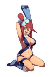  10s 1girl arms_up blue_eyes boots breasts cleavage creatures_(company) game_freak gloves groin gym_leader hair_ornament highres knee_boots large_breasts long_hair midriff navel nintendo one_eye_closed open_mouth pokemon pokemon_bw red_hair sideboob sitting skyla_(pokemon) smile solo thighs unknown_showhey wariza  rating:Sensitive score:65 user:danbooru