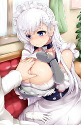 1girl apron azur_lane belfast_(azur_lane) blue_eyes blush braid grabbing_another&#039;s_breast breast_rest breasts carried_breast_rest carrying chain cleavage closed_mouth collar commentary_request corset couch curtains deep_skin french_braid frilled_apron frilled_gloves frills gloves unworn_gloves grabbing highres holding holding_tray indoors large_breasts long_hair maid_apron maid_headdress mizuyan shiny_skin silver_hair sitting smile solo_focus tray very_long_hair white_apron white_gloves window rating:Sensitive score:46 user:danbooru