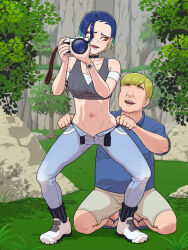  1boy 1girl age_difference armband bare_shoulders blue_hair bob_cut brown_eyes camera creatures_(company) faceless faceless_male forest full_body game_freak grass grey_vest habatakuhituji hetero holding holding_camera looking_at_another looking_back lowleg lowleg_pants nature nintendo no_panties older_man_and_younger_girl pants perrin_(pokemon) pokemon pokemon_sv rock short_hair simple_background smile tree undressing vest watch wristwatch 