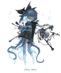  1girl :o artist_request bare_legs barefoot belt black_belt black_bow black_collar black_shirt blue_eyes blue_hair blue_skin blunt_bangs blunt_ends bob_cut bow bubble chain collar colored_skin english_text eyelashes full_body gradient_skin grey_wristband hair_bow highres knees megaphone microphone microphone_stand open_mouth original outstretched_arm sample_watermark second-party_source shirt simple_background single_sleeve solo t-shirt tentacles tentacles_under_clothes thigh_belt thigh_strap torn_clothes torn_sleeves watermark white_background 
