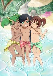  3girls absurdres barefoot beach black_hair brown_eyes brown_hair cleft_of_venus collarbone dark-skinned_female dark_skin dot_nose female_focus flat_chest full_body functionally_nude green_eyes green_hair groin hair_ornament hair_ribbon hand_on_own_hip hands_up happy highres legs_apart legs_together loli long_hair looking_at_viewer multiple_girls navel nipples nude one_eye_closed open_mouth original outdoors palm_tree partially_submerged plant pussy ribbon sarong short_hair smile standing standing_on_one_leg teeth the_dark_mangaka thigh_gap toes tree twintails uncensored wading water wink  rating:Explicit score:534 user:Twili007
