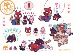  !_block ... animal animalization bodysuit cat cat_day character_name clothed_animal falling food food_on_face highres hood hooded_bodysuit laughing marvel meows_morales messy_sleeper miles_morales paw_print peter_b_parker pizza sardine silk sleeping spider-gwen spider-man:_into_the_spider-verse spider-man_(series) spider-verse spider_web spoken_ellipsis squiggle swinging teardrop twitter_username user_vruw3338 zzz 