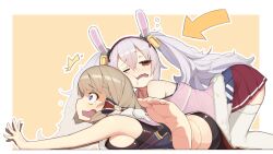  2girls animal_ears armpit_crease assisted_stretching azur_lane bare_shoulders bike_shorts blonde_hair blue_eyes blush bow breasts commentary_request cross drooling fake_animal_ears feet from_side fur-trimmed_jacket fur_trim grey_hair hair_between_eyes hair_bow highres iron_cross jacket laffey_(azur_lane) long_hair medium_breasts multiple_girls nose_blush one_eye_closed open_clothes open_jacket pain pink_jacket profile rabbit_ears red_eyes red_skirt saliva short_hair sideboob skirt soles split stretching surprised tearing_up thighhighs toes twintails white_thighhighs yohia z23_(azur_lane)  rating:Sensitive score:38 user:danbooru