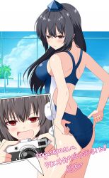  2girls adjusting_clothes adjusting_swimsuit annoyed back_cutout black_hair blue_hat blue_one-piece_swimsuit brown_eyes camera closed_mouth clothing_cutout commentary_request hat highres holding holding_camera iizunamaru_megumu long_hair looking_back multiple_girls one-piece_swimsuit pom_pom_(clothes) pool red_eyes rise_(rise19851203) shameimaru_aya swimsuit tokin_hat touhou translation_request v-shaped_eyebrows 