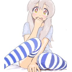  1girl covering_crotch covering_own_mouth covering_privates embarrassed genderswap genderswap_(mtf) hand_over_own_mouth highres looking_at_viewer mizumori_keiichi onii-chan_wa_oshimai! oyama_mahiro shirt sitting solo striped_clothes striped_thighhighs t-shirt thighhighs yellow_eyes zettai_ryouiki  rating:Sensitive score:17 user:Windsofgold