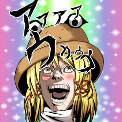 1girl blonde_hair blush brown_hat commentary_request death_note god_of_the_new_world hair_ribbon hat heaven_condition hiro_(pqtks113) laughing medium_bangs medium_hair moriya_suwako open_mouth parody portrait red_ribbon ribbon smile solo teeth touhou translation_request v-shaped_eyebrows yellow_eyes