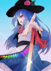  1girl blue_hair blue_sky bow bowler_hat bowtie hat highres hinanawi_tenshi leaf_hat_ornament lens_flare light_rays open_mouth peach_hat_ornament planted planted_sword planted_weapon red_bow red_bowtie red_eyes shirt sky solo sword sword_of_hisou touhou weapon white_shirt yoruuta 