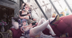  2girls :3 air_conditioner aqua_eyes aqua_hair ass azur_lane bare_shoulders between_breasts between_thighs black_dress black_footwear black_nails blue_eyes blush breast_rest breasts breasts_on_head cheshire_(azur_lane) couch curvy detached_sleeves door dress food formidable_(azur_lane) frilled_dress frills grey_hair hair_between_eyes handheld_game_console high_heels highres holding holding_handheld_game_console huge_breasts kneeling large_breasts legs legs_up long_hair maid_headdress manjuu_(azur_lane) mouth_hold multicolored_hair multiple_girls nail_polish nintendo_switch nose_blush open_mouth patent_heels paw_print_shoes playing_games popsicle pumps red_eyes rhasta shoes unworn_shoes short_dress short_hair skindentation smile stiletto_heels streaked_hair thick_thighs thighs twintails two-tone_dress very_long_hair westminster_palace white_hair window  rating:Sensitive score:249 user:danbooru