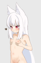  1girl :o animal_ears blush breast_conscious breast_lift breasts collarbone completely_nude dodo24850918 female_focus fox_ears fox_girl grabbing grabbing_own_breast grey_background groin highres long_hair looking_down navel nipples nude original out-of-frame_censoring parted_lips red_eyes sidelocks simple_background small_breasts solo solo_focus squiggle standing upper_body very_long_hair white_hair  rating:Explicit score:37 user:maimaimai