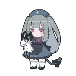  1girl akichi_360 animal apron armband black_apron black_dress black_footwear blunt_bangs blush chibi closed_mouth clothed_animal dress electric_plug_tail expressionless full_body grey_hair half-closed_eyes hat highres holding holding_animal holding_rabbit indie_virtual_youtuber kneehighs long_hair long_sleeves looking_ahead mary_janes minai_karte nurse nurse_cap outstretched_arms rabbit red_armband shoes simple_background sleeve_cuffs socks solo standing two_side_up virtual_youtuber waist_apron white_background white_socks 