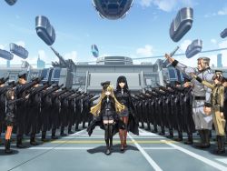  3girls 6+boys arm_up beige_pants beige_shirt black_footwear black_hair black_skirt blonde_hair boots brown_hair cannon cloud coat cross daiteikoku day eisen_manstein el_rommel ermi_doenitz flag_print fringe_trim full_body game_cg garrison_cap germany gloves grecia_goebbels grey_eyes grey_hair grey_pants grey_shirt hat headwear_request iron_cross knee_boots lineup long_hair looking_at_viewer mary_janes military military_hat military_uniform multicolored_hair multiple_boys multiple_girls nazi non-web_source open_clothes open_coat orion_(orionproject) pants pantyhose peaked_cap retia_adolf salute shirt shoes short_hair skirt sky star_(symbol) submarine thigh_boots thighhighs two-tone_hair uniform walking watercraft 