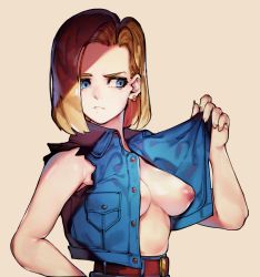  1girl android_18 areolae bad_id bad_pixiv_id blonde_hair blue_eyes blush breasts collarbone dragon_ball dragonball_z earrings female_focus highres jewelry large_breasts looking_away nipples no_bra open_clothes open_shirt roropull shirt solo stomach undressing  rating:Questionable score:102 user:Vardigiil