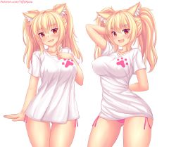 1girl animal_ear_fluff animal_ears blonde_hair blush breasts cat_ears commentary covered_erect_nipples english_commentary fang gluteal_fold highres large_breasts long_hair looking_at_viewer meme multiple_views no_pants nottytiffy open_mouth original pajamas_challenge panties pink_panties red_eyes shirt side-tie_panties simple_background slit_pupils t-shirt tiffy_(nottytiffy) tight_clothes tight_shirt twintails underwear watermark web_address white_background rating:Sensitive score:102 user:danbooru