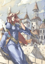  1girl animal_ears archvermin blue_dress bracelet castle character_request cloud copyright_request drawfag dress eyelashes happy highres jewelry long_hair lots_of_jewelry non-web_source red_hair sketch sky smile solo  rating:Sensitive score:9 user:danbooru