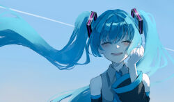  1girl absurdres bare_shoulders black_sleeves blue_hair blue_necktie blue_sky blush clear_sky closed_eyes collared_shirt commentary contrail detached_sleeves facing_viewer floating_hair grey_shirt hair_ornament hand_up hatsune_miku highres long_hair long_sleeves necktie open_mouth saikisaika shirt sidelocks sky sleeveless sleeveless_shirt smile solo straight-on twintails upper_body very_long_hair vocaloid 
