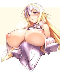 1girl armor armored_dress blonde_hair blue_eyes blush breasts fate/apocrypha fate/grand_order fate_(series) fur_trim headpiece heavy_breathing highres huge_breasts inverted_nipples jeanne_d&#039;arc_(fate) jeanne_d&#039;arc_(ruler)_(fate) jeanne_d&#039;arc_(third_ascension)_(fate) kagami_uekusa long_hair nipples parted_lips puffy_nipples simple_background smile solo underboob upper_body white_background rating:Questionable score:96 user:danbooru