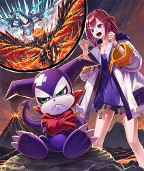  1boy 1girl bandaid black_shorts breasts breath_weapon breathing_fire camisole cleavage clenched_hand collar collarbone colored_skin demon demon_tail digimon digimon_card_game digimon_liberator dragon eruption fiery_wings fire green_eyes hood hooded_jacket impmon jacket kazuki_seihou medium_breasts metallicdramon non-humanoid_robot official_art open_mouth pink_hair purple_camisole purple_eyes purple_skin robot robot_dragon sharp_teeth shorts tail teeth volcanicdramon volcano white_jacket white_skin wings yuuki_(digimon) 