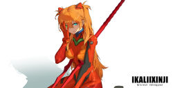 1girl absurdres blue_eyes bodysuit breasts brown_hair clenched_teeth curvy disgust green_eyes hair_between_eyes hair_ornament heterochromia highres interface_headset lance lance_of_longinus_(evangelion) long_hair looking_at_viewer multicolored_clothes narrow_waist neon_genesis_evangelion pilot_suit plugsuit polearm rebuild_of_evangelion red_bodysuit shaded_face shiny_clothes sitting skin_tight solo souryuu_asuka_langley surreal teeth thick_thighs thighs tsundere two_side_up very_long_hair weapon wide_hips