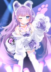  1girl absurdres animal_ears animal_hands azur_lane blurry blurry_background blush boots collarbone commentary_request fake_animal_ears highres jacket long_hair looking_at_viewer one_eye_closed purple_eyes smile solo stage_lights tashkent_(azur_lane) tashkent_(muse)_(azur_lane) thigh_boots thighhighs uduki_(nissi)  rating:Sensitive score:5 user:danbooru