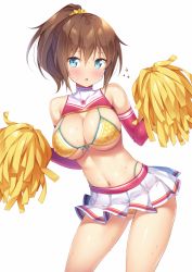 1girl bare_shoulders bikini bikini_under_clothes blue_eyes blush breasts brown_hair cheerleader cleavage commentary covered_collarbone covered_erect_nipples cowboy_shot elbow_gloves flying_sweatdrops gloves hair_between_eyes hair_ornament hair_scrunchie hands_up high_ponytail highleg highleg_bikini highres kazuma_(kazumav) large_breasts looking_at_viewer microskirt miniskirt navel open_mouth original pink_gloves pleated_skirt pom_pom_(cheerleading) ponytail print_bikini scrunchie short_hair simple_background skirt solo star_(symbol) star_print stomach sweat swimsuit thighs white_background yellow_background yellow_bikini yellow_scrunchie rating:Sensitive score:98 user:danbooru