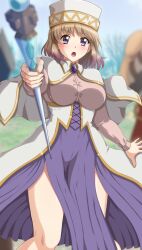  1girl :o aiming aiming_at_viewer alicia_edelcia blurry blurry_background blush breasts brown_hair capelet casting_spell dress hat headband highres holding holding_staff isekai_ojisan large_breasts long_sleeves looking_at_viewer m.i.y open_mouth outdoors pleated_dress puffy_sleeves purple_dress purple_eyes short_hair side_slit solo_focus staff standing two-tone_dress white_dress white_headband  rating:Sensitive score:35 user:danbooru