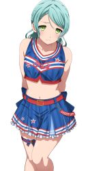  1girl absurdres aqua_hair arms_behind_back bang_dream! bare_arms bare_shoulders belt belt_buckle blue_bow blue_shirt blue_skirt blush bow breasts buckle cheerleader closed_mouth collarbone commentary_request crop_top feet_out_of_frame frilled_skirt frills green_eyes highres hikawa_sayo long_hair looking_at_viewer medium_breasts midriff miniskirt navel noshimurin print_shirt print_skirt red_belt shirt simple_background skirt sleeveless sleeveless_shirt solo standing star_(symbol) star_print striped_bow striped_clothes striped_shirt striped_skirt swept_bangs thigh_bow thigh_strap white_background 