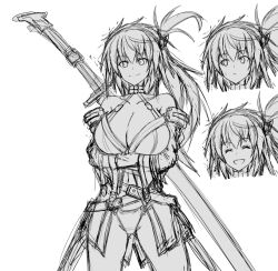  1girl :&gt; :/ arms_under_breasts asahi breasts character_sheet cleavage crossed_arms female_focus fuuma_aki hair_ornament hairclip hanging_breasts horns huge_breasts lilith-soft long_hair looking_at_viewer monochrome multiple_views open_clothes revealing_clothes side_ponytail sketch smile solo standing sword taimanin_(series) taimanin_rpgx thong very_long_hair weapon 