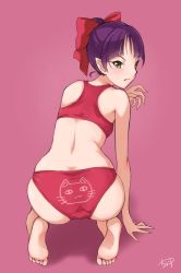  1girl all_fours animal_print ass barefoot bow bra cat_print chocokin fang feet from_behind full_body gegege_no_kitarou hair_bow looking_at_viewer looking_back nekomusume nekomusume_(gegege_no_kitarou_6) panties pink_background pointy_ears print_panties purple_hair red_bow red_bra red_panties short_hair signature simple_background skindentation soles solo sports_bra toes training_bra underwear underwear_only yellow_eyes  rating:Questionable score:29 user:Domestic_Importer