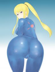  1girl ass ass_focus blonde_hair blue_eyes blush bodysuit breasts cameltoe gosuton highres huge_ass large_breasts long_hair looking_back metroid nintendo ponytail samus_aran simple_background skin_tight solo tsundere zero_suit  rating:Questionable score:106 user:leejunne