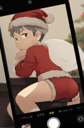  1boy acnhiti ass ass_focus bar_stool christmas_tree grey_hair hat highres looking_back male_focus original red_shorts sack santa_hat shorts shota simple_background sitting solo stool taking_picture translation_request viewfinder  rating:Sensitive score:46 user:danbooru