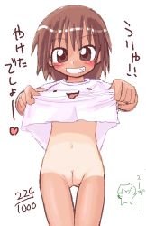 blush bottomless brown_eyes brown_hair cleft_of_venus clothes_lift ikkyuu loli mona_(2ch) navel no_panties one-piece_tan pedocats pussy shirt_lift simple_background smile source_request tan tanline thigh_gap translation_request uncensored rating:Explicit score:16 user:Tom23