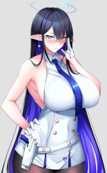 1girl adjusting_eyewear armpits belt black_hair black_pantyhose blue_archive blue_eyes blue_hair blue_necktie blush breasts closed_mouth collared_dress colored_inner_hair cowboy_shot dress earrings glasses gloves gun halo hand_on_own_hip highres huge_breasts impossible_clothes jewelry long_hair looking_at_viewer multicolored_hair necktie ootori_subaru pantyhose pointy_ears rimless_eyewear rin_(blue_archive) solo very_long_hair weapon white_belt white_gloves rating:Sensitive score:59 user:danbooru