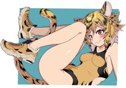  1girl absurdres animal_ears animal_print ass bare_shoulders blush breasts highres looking_at_viewer navel one-piece_swimsuit original red_eyes ryuu_tou shoes short_hair smile sneakers solo swimsuit tail tiger_ears tiger_girl tiger_print tiger_tail 