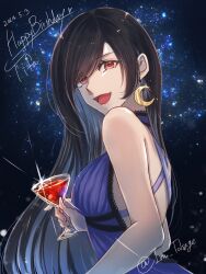 1girl bare_shoulders black_hair blue_dress breasts character_name crescent crescent_earrings crescent_moon cup dated dress drinking_glass earrings final_fantasy final_fantasy_vii final_fantasy_vii_remake from_side glint gold_earrings happy_birthday highres holding holding_cup inu_tokage jewelry large_breasts long_hair looking_at_viewer looking_to_the_side medium_breasts moon night night_sky official_alternate_costume open_mouth red_eyes single_earring sky smile solo star_(sky) starry_sky swept_bangs tifa_lockhart tifa_lockhart_(refined_dress) twitter_username upper_body 