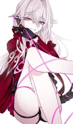 1girl :q absurdres awe_(adorableduckyy) bare_legs black_gloves black_shorts bright_pupils commentary crossed_legs fishnet_gloves fishnets gloves hair_between_eyes highres holding holding_string honkai_(series) honkai_impact_3rd jacket long_hair looking_at_viewer purple_eyes red_jacket shorts simple_background sitting smile solo string symbol-only_commentary thelema_(honkai_impact) thigh_strap tongue tongue_out very_long_hair white_background white_hair white_pupils 