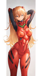 1girl absurdres arms_behind_head arms_up blue_eyes bodysuit breasts brown_hair curvy gluteal_fold hair_between_eyes hair_ornament highres interface_headset lips long_hair medium_breasts multicolored_bodysuit multicolored_clothes narrow_waist neon_genesis_evangelion pilot_suit plugsuit red_bodysuit shiny_clothes skin_tight smile solo souryuu_asuka_langley standing thick_thighs thighs two_side_up very_long_hair wide_hips yusha_m