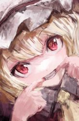  1girl absurdres ascot blonde_hair close-up collared_shirt commentary fangs flandre_scarlet grin hat highres looking_at_viewer mob_cap mouth_pull nepperoni portrait red_eyes shirt short_hair smile solo teeth touhou white_hat yellow_ascot  rating:General score:7 user:danbooru