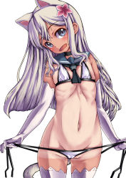 10s 1girl animal_ears bikini blue_eyes blush bokuso cat_ears cat_tail elbow_gloves fang flat_chest flower gloves hair_flower hair_ornament highres kantai_collection loli navel ro-500_(kancolle) sailor_collar side-tie_bikini_bottom silver_hair solo standing swimsuit tail tan tanline thighhighs untied rating:Questionable score:44 user:danbooru
