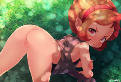 1girl anus ass born-to-die bottomless cleft_of_venus female_focus flat_chest grass green_eyes hairband highres loli looking_at_viewer looking_back nipples parted_lips pointy_ears pussy shirt sleeveless sleeveless_shirt solo uncensored rating:Explicit score:182 user:Domestic_Importer