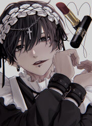  1boy absurdres apron banechiii black_dress black_eyes black_hair black_ribbon bound bound_wrists chain commentary cosmetics cross crossdressing dress earrings english_commentary hair_between_eyes head_chain heart heart_hands heart_in_eye highres jewelry latin_cross lipstick lipstick_tube long_sleeves looking_at_viewer maid maid_apron maid_headdress makeup male_focus male_maid neck_ribbon original parted_lips piercing red_lips ribbon short_hair simple_background smeared_lipstick solo symbol_in_eye white_apron 