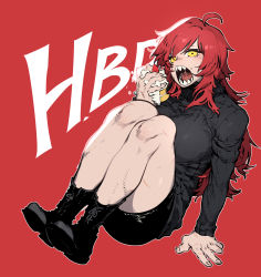  ahoge ankle_boots arm_support black_footwear black_shorts black_sweater boots breasts cake cake_slice commentary_request copyright_request eating fingernails food fruit highres holding holding_food korean_commentary large_breasts legs_together long_hair looking_at_viewer open_mouth red_background red_hair ribbed_sweater saliva sharp_teeth shorts solo ssambatea strawberry strawberry_shortcake sweater teeth yellow_eyes  rating:Sensitive score:14 user:danbooru